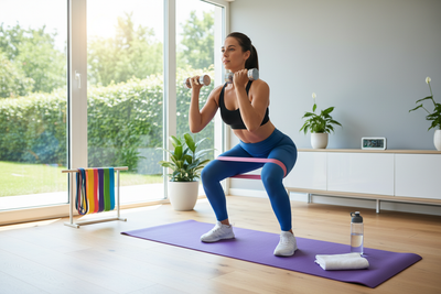 A lady working ou at home with small gym equipment